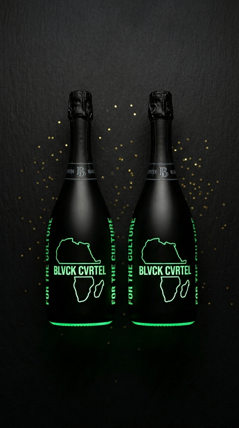 Deux bouteilles BLVCK CVRTEL au logo lumineux sur fond noir